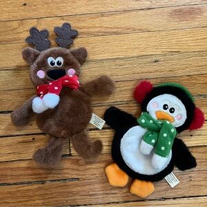 Dog Toys: Set of 2 - Plush Moose & Penguin, Crinkle Foil Inside